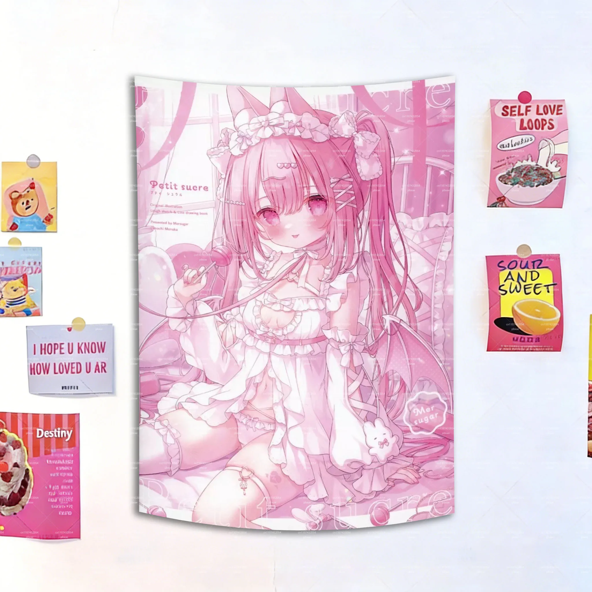 Kawaii Rosa Hasenmädchen Anime Wandteppich, Süßes Lollipop-Teufelsgirl Wandbehang für Schlafzimmer und Wohnheim-Dekoration