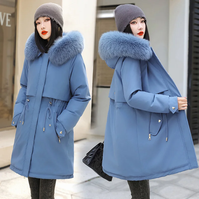 

2023 New Winter Jacket Women's Thick Warm Down Cotton Padded Jackets Plus Velet Hooded Loose Parkas Puffer Coat Fur Lining Mujer