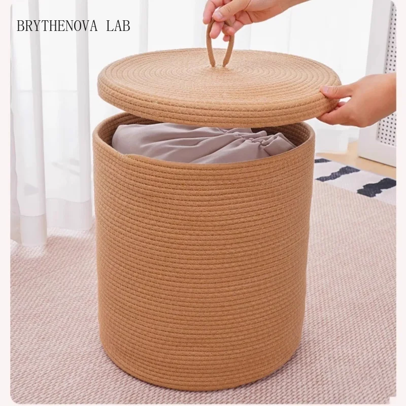 Machine Washable Handwoven Cotton Rope Laundry Hamper with Lid, Collapsible Basket, Storage Multi-size for Home Bathroom Nursery