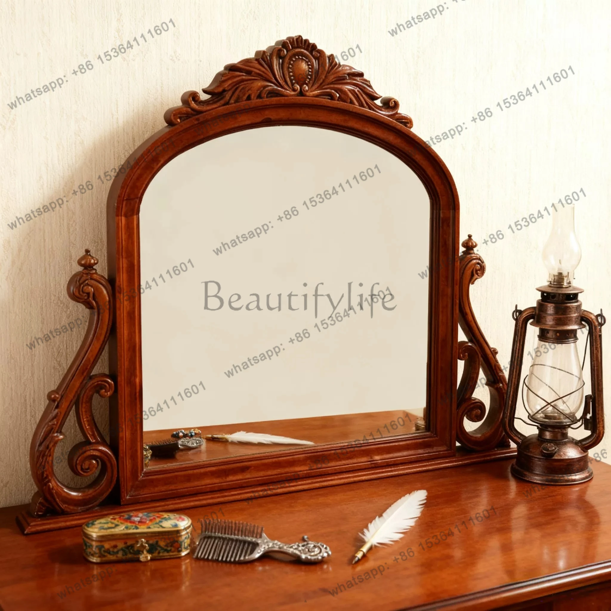 American retro makeup mirror New Chinese classical carved makeup mirror
