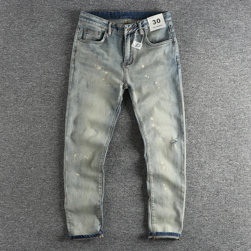 

Heavyweight Washed Retro Distressed Slim Fit Men's Jeans Long Trousers Fashionable Youth Cotton Polyester Blend Denim
