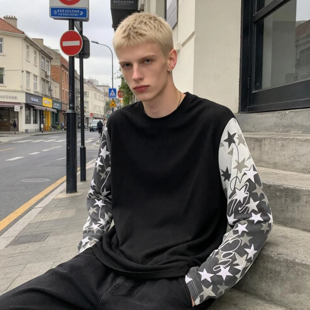 Autumn and winter new design stitching different colors retro y2k high street wear black long sleeve T-shirt