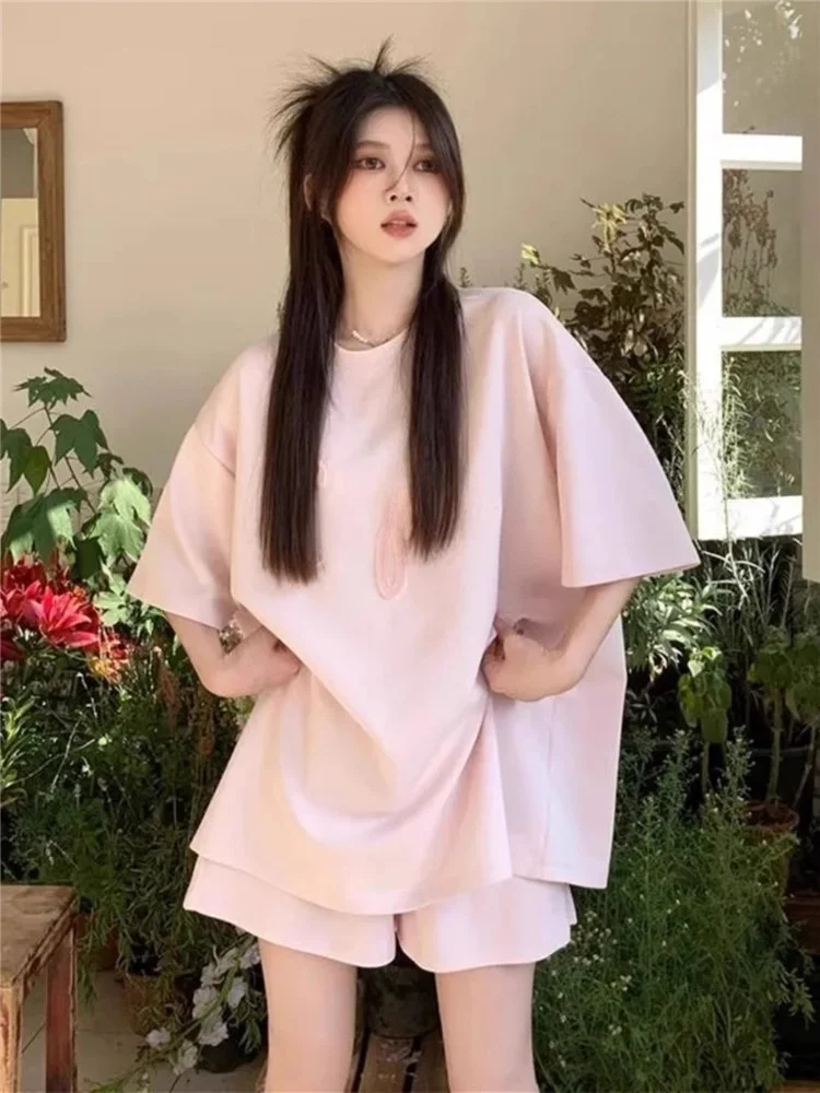 

plus Size American Casual Sports Set Women Summer Fat MM2300 Pound Hong Kong Style Embroidered Short Sleeve Shorts Two Piece Set