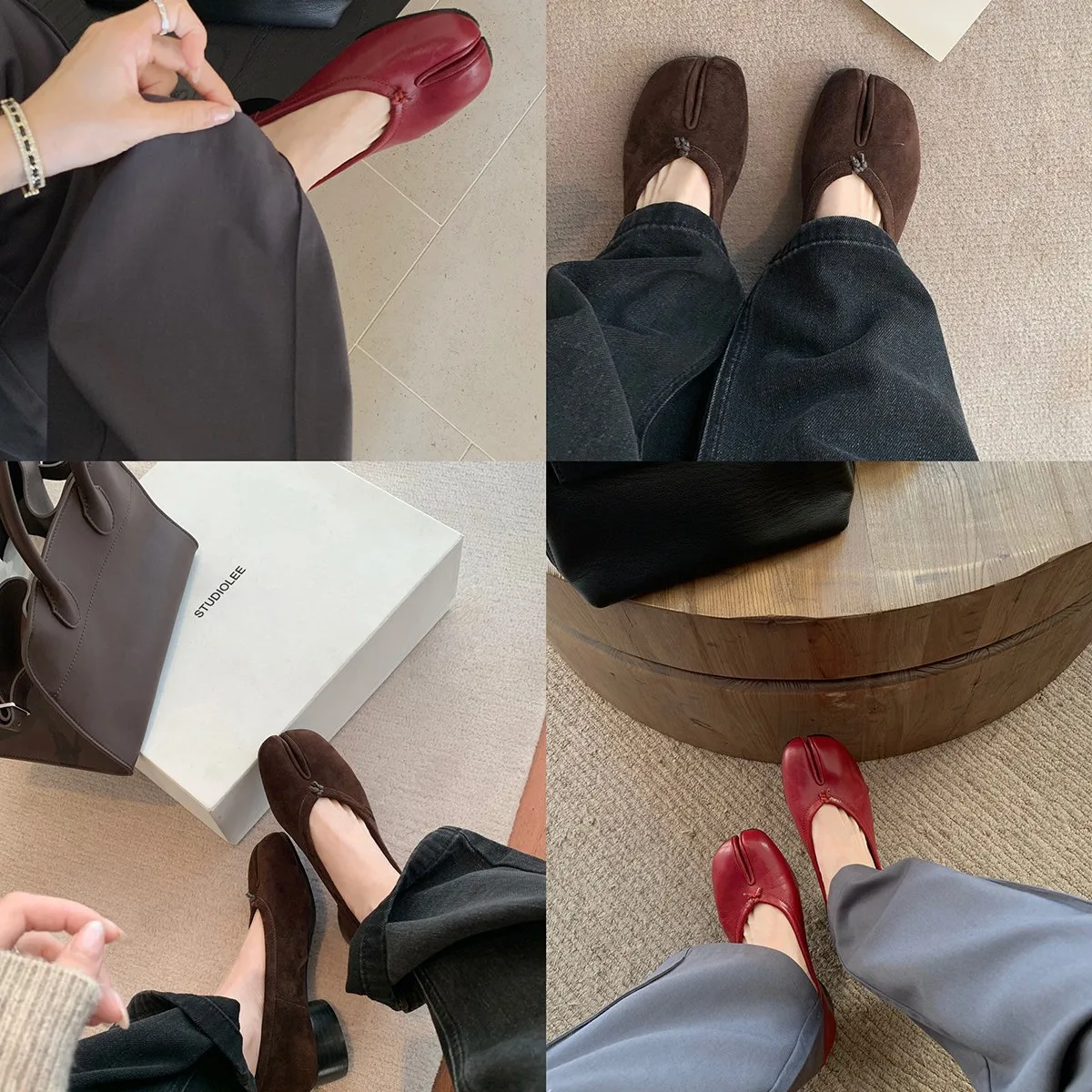 Women Split Leather Split Toe Shoes Block Heel Vintage Ballet Style Office Lady SquareToe Pleated Slip on ArtyStyle Pumps Tabi