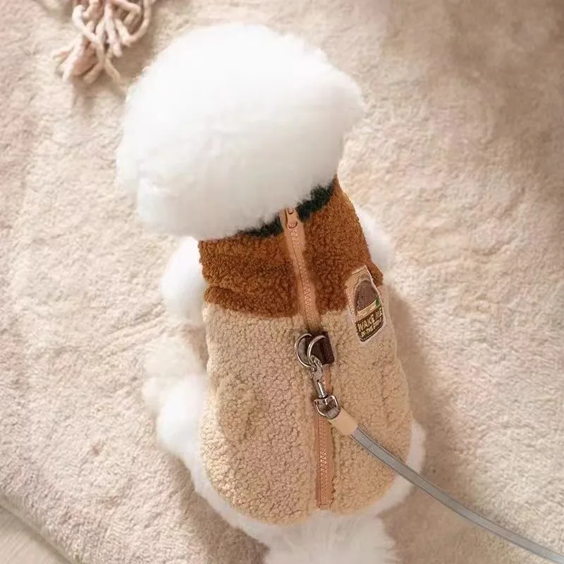 Pet Dog Vest Winter Warm Two Legs Coat for Bichon Pomeranian with Leash Color Block Design