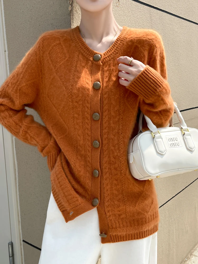 

Свитер из 100% мериносовой шерсти с v-образным вырезом и цветочным принтом для женщин, однотонный кардиган с длинными рукавами, зима-осень, плотная повседневная свободная одежда