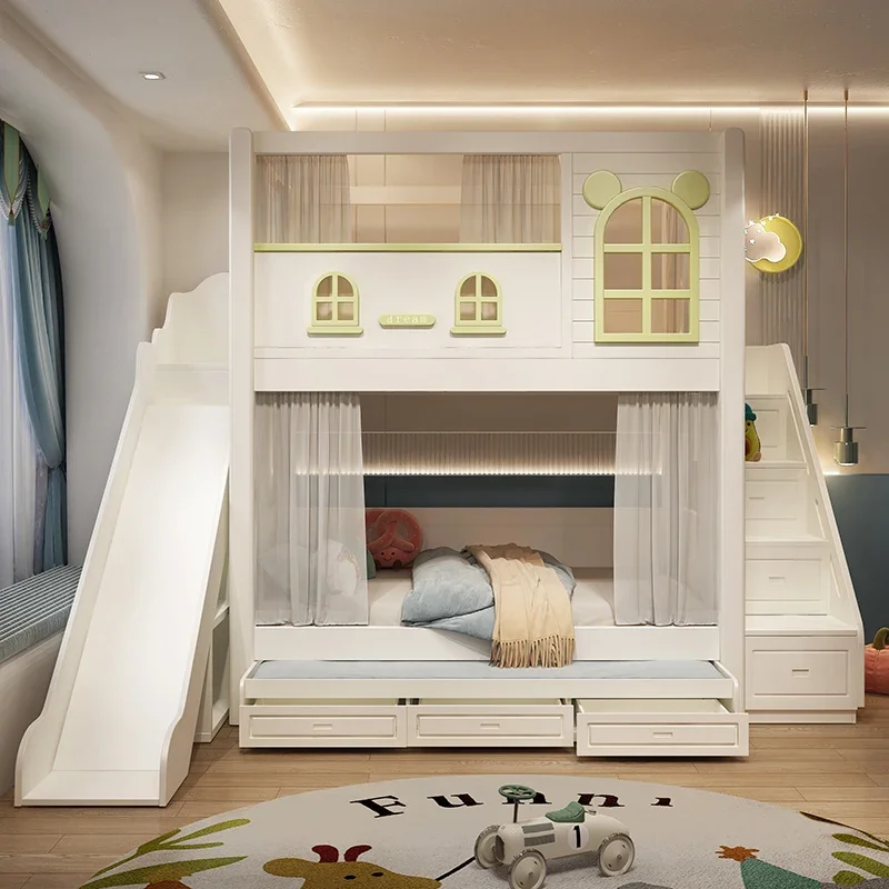 Bunk bed on and off the second floor, small apartment of the same width, with ladder cabinet slide