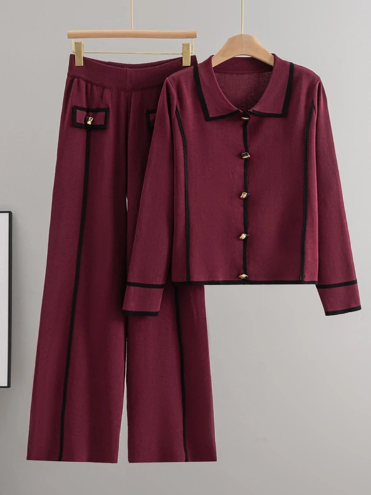 Women Lapel Collar Knitwears Sweater Cardigan Tops High Waist Wide Leg Pants Outfit New Chic Design Knitted 2 Piece Sets