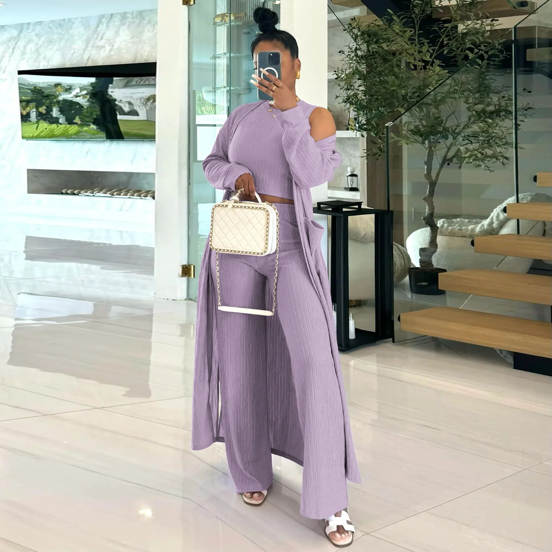 Autumn Fashion Solid Three Piece Set Women Casual Sleeveless Vest Long Cardigan Wide Leg Pants Three Piece Set Women