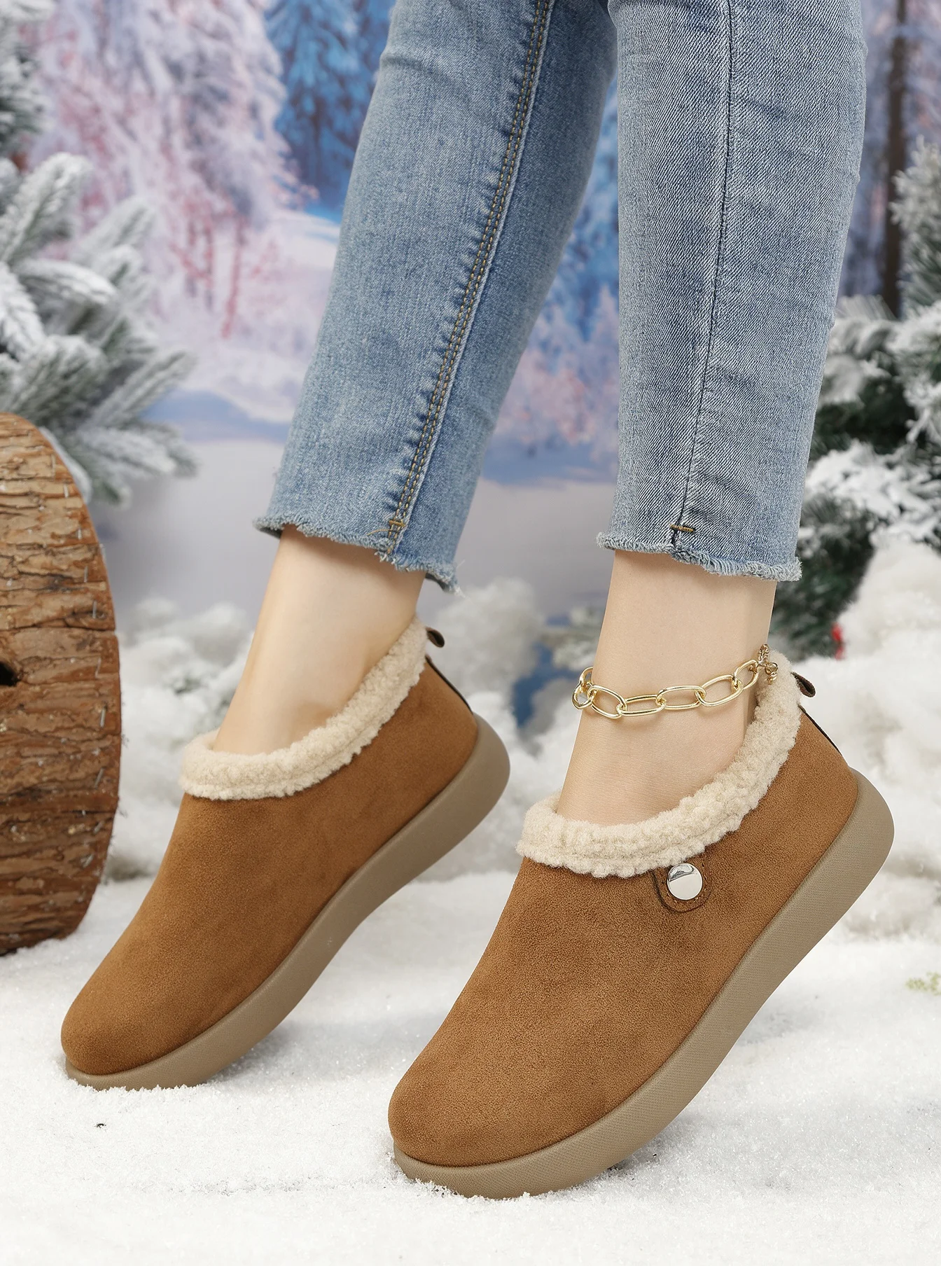 Damen-Winterstiefeletten, aus Kunstlederimitat, mit Teddy-Fleece-Futter, zum Hineinschlüpfen, warm, mit runder Spitze, rutschfester, dicker Sohle, im Retro-Stil, Baumwollstiefeletten. – Detail 11