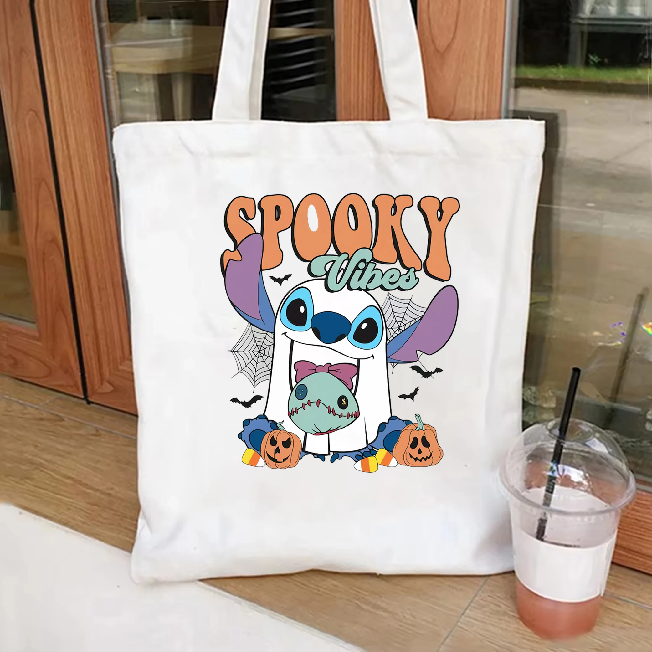 Stitch Boo Ghost with Scrump Spooky Vibes Canvas tote bag Lilo And Stitch Halloween Shoulder Bag Disney Halloween Party tote bag