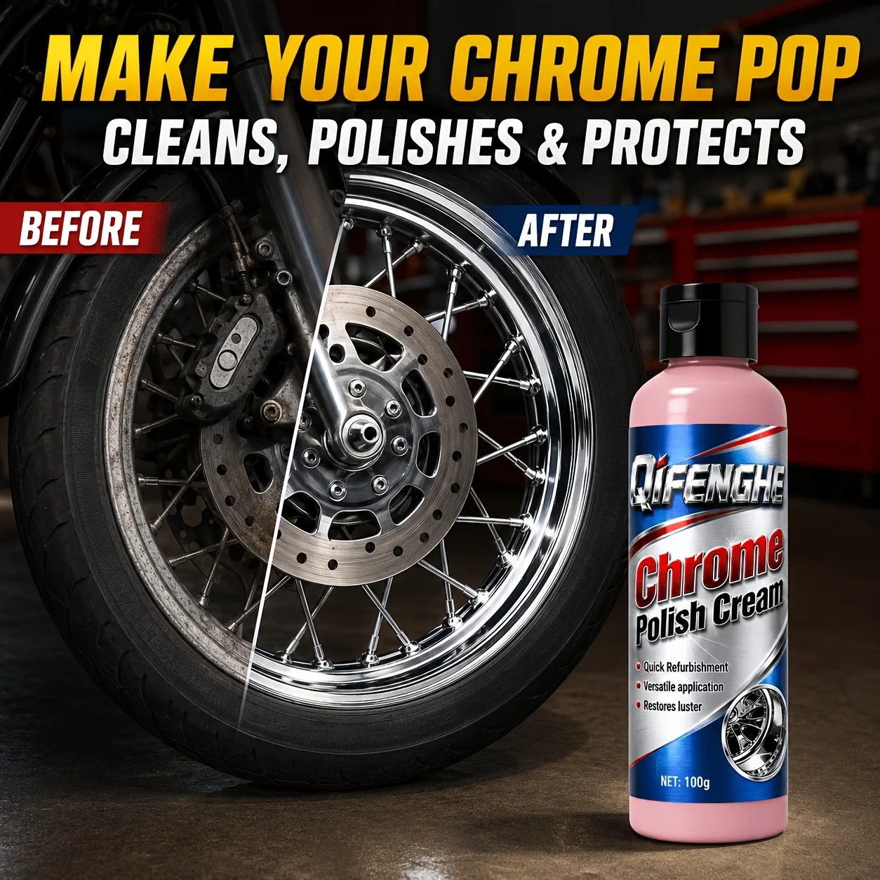 100g Chrome Polish Cream - Quick Polishing Compound That Cleans Protects And Gives a Long Lasting Glow to Your Chrome Accessorie