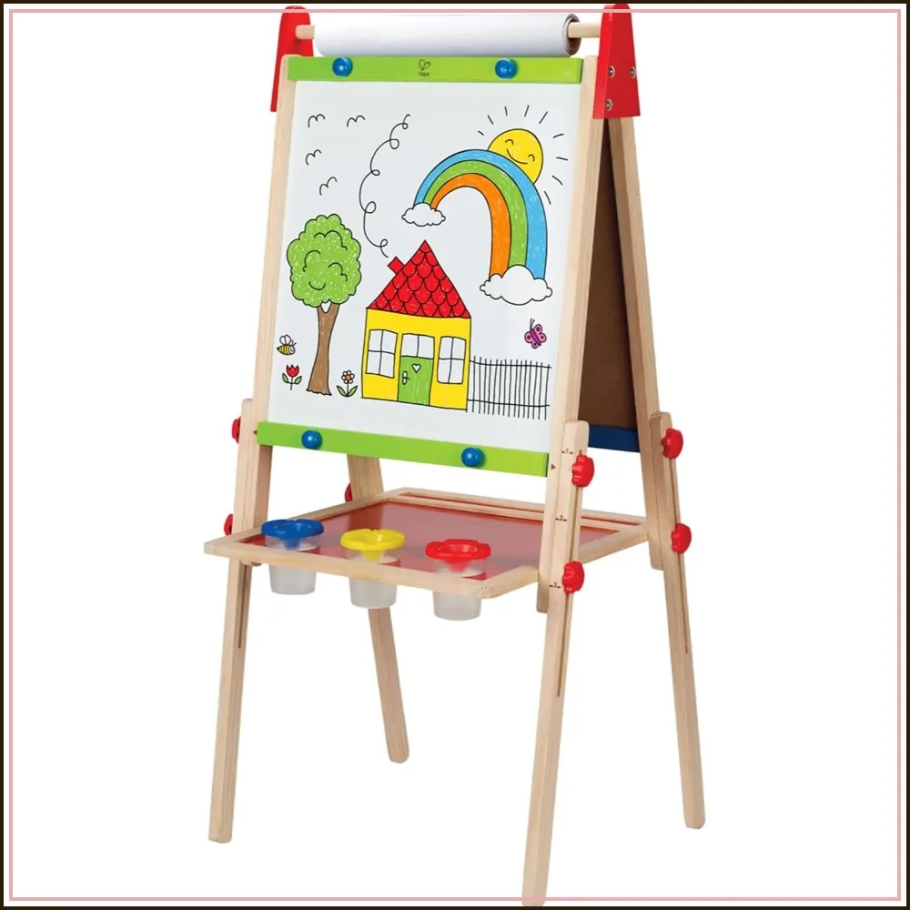 

Adjustable Double-Sided Easel with Chalkboard, Magnetic Whiteboard & Paper Roll, Includes 3 Paint Pots
