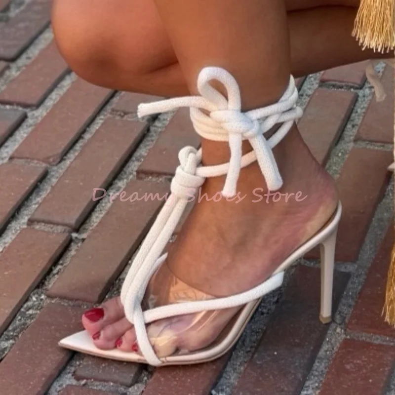 

Black Pvc Rope Ankle Strap Hollow Thin Heel Sandals Women Open Pointed Toe Slingback High Heels Sexy Fashion Summer Ladies Shoes