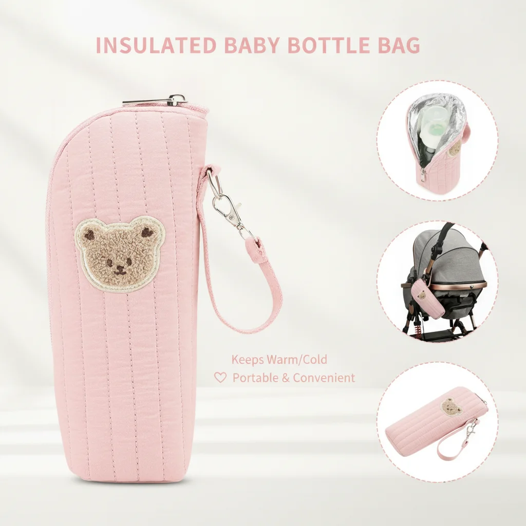 Cute Bear Design Baby Bottle Tote Bag with Aluminum Foil Insulation Bags Water Bottle Thermal Storage Pouch with Stroller Hook
