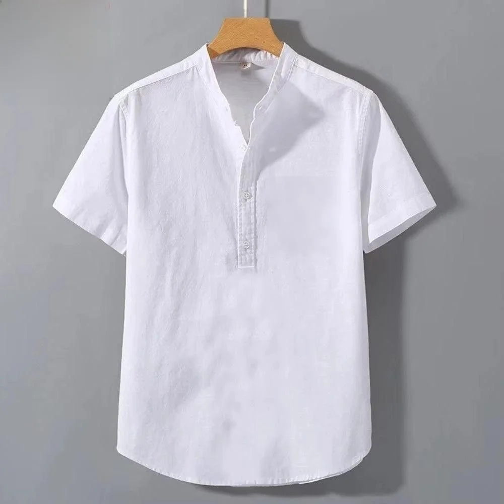 

Men's Summer Thin Cotton Linen Color Simple Breathable Stand Collar Shirt White Black Apricot Grey Loose Fit Short Sleeve