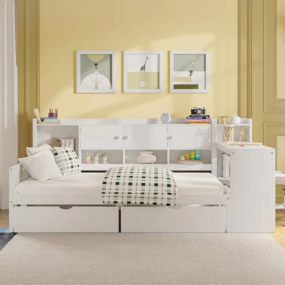 

Twin Size Daybed with Storage, Desk, and Shelves, L-Shape Wood Bed with Bookcase for Kids and Adults, White