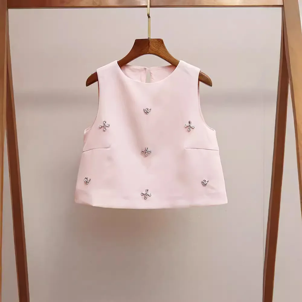 High-End-Damen-Faion-Set mit diamantbesetzter Weste und Ter-Rock, zweiteiliges Set, Ele Lady Sle Summer Collection