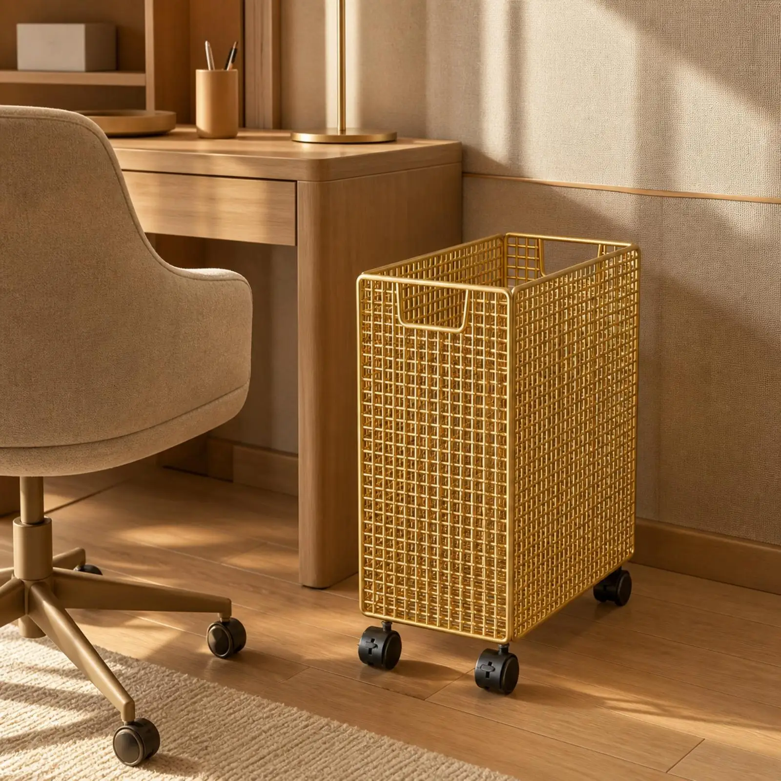 Freestanding Iron Storage Basket Mobile Open-Grid Rolling Basket with Casters Sturdy Square-Grid Metal Rolling Bin for Office,