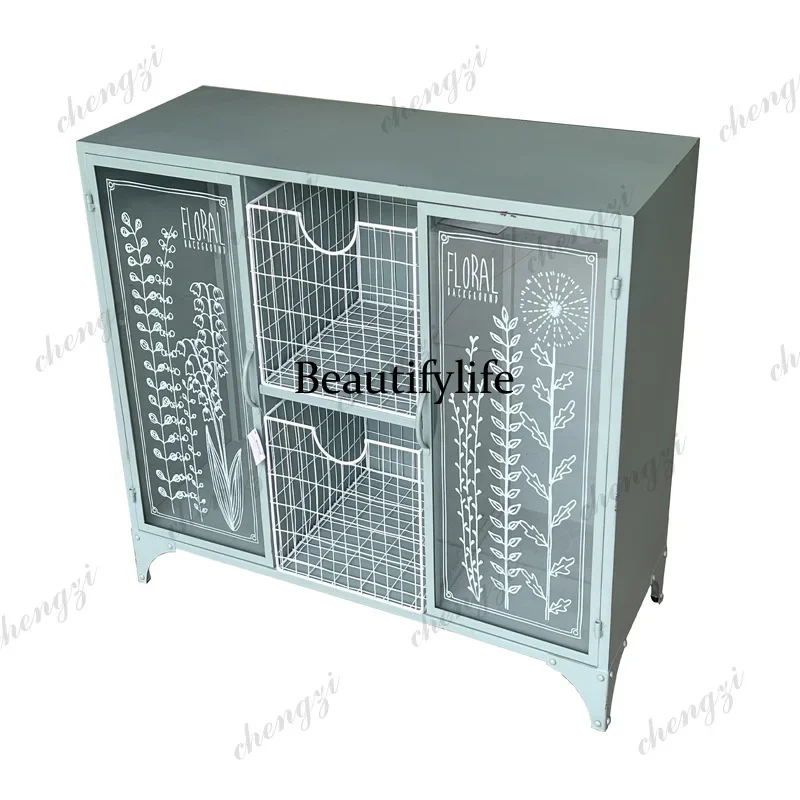 HJ Idyllic dining side wrought iron storage glass door living room bedroom decorative locker dining side cabinet