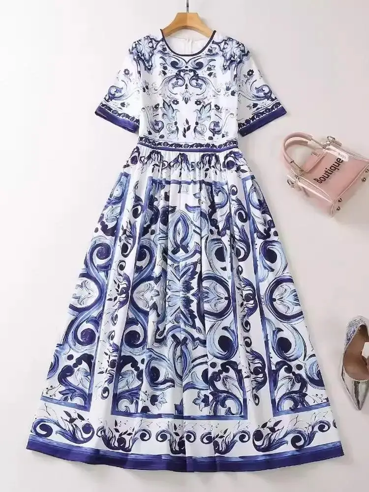 

Summer Runway Red Blue Yellow And White Porcelain Dress Women's Short Sleeve O Neck Zipper Flower Print Party Midi Vestidos