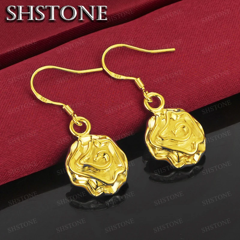 18K Gold Classics Attractive Rose Flower Drop Earrings For Women Party Engagement Wedding Holiday Gift Charm Jewelry