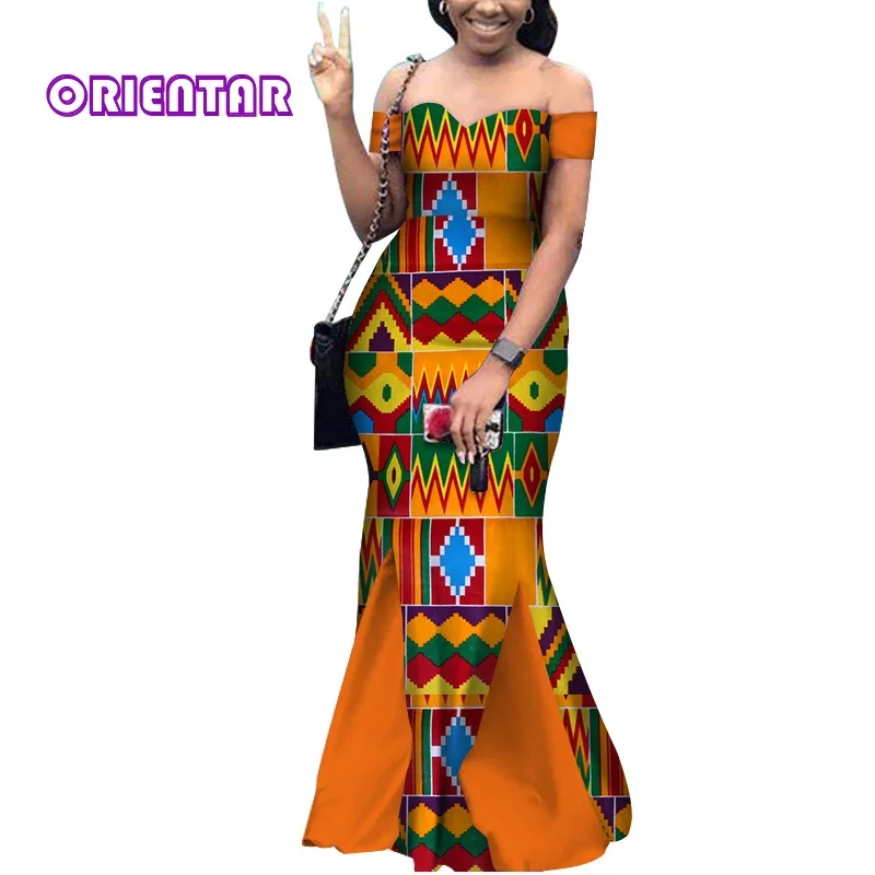 

Fashion Ankara Dresses Women Slash Neck African Wax Print Dress Bazin Riche African Clothes for Women Evening Party WY3654