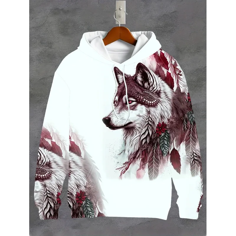 Men's Retro Style Wolf And Feather Pattern Hooded Sweatshirt With Drawstring And Kangaroo Pocket, Sports Hoodie For Fall