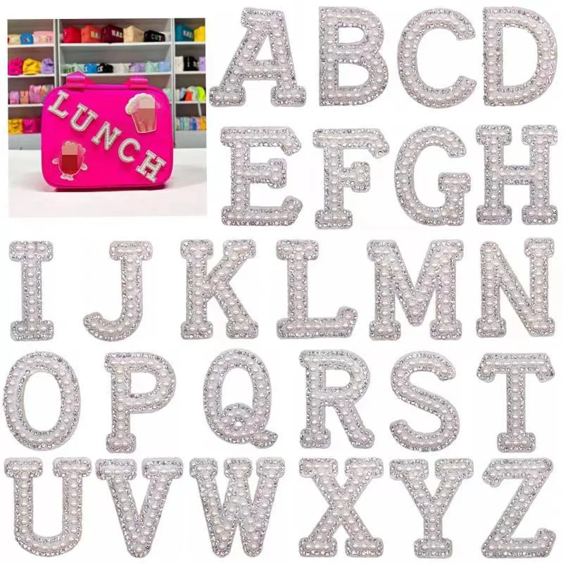 A-Z Pearl Diamond Inglês Letter Stickers, Prata Personalização DIY Nome Patch para Saco e Vestuário, 4,5 centímetros