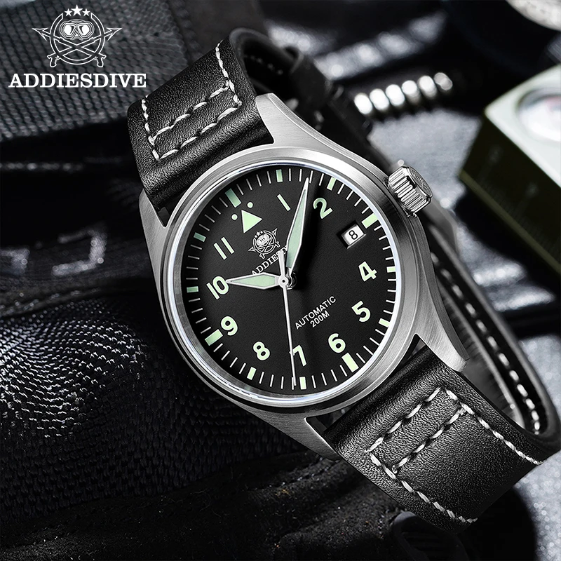 ADDIESDIVE Men's Automatic Mechanical Watches Super Luminous 39mm Sapphire Glass Leather 200m Waterproof Fashion Watches For Man
