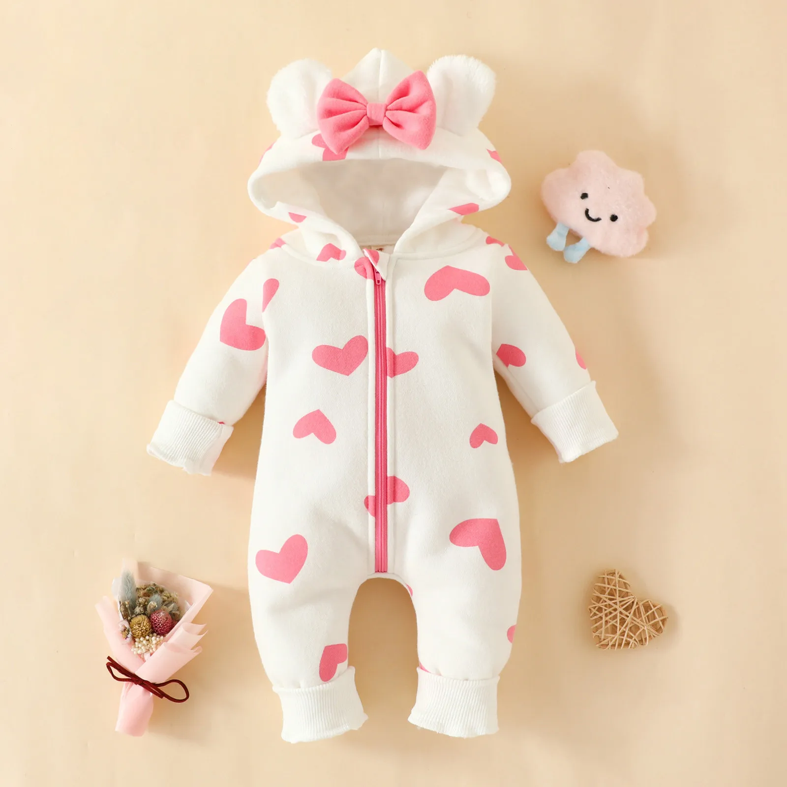 Infant Girls Long Sleeve Hearts Print Bowknot Hooded Romper Jumpsuit Clothes 6-9 Months Baby Girl Clothes