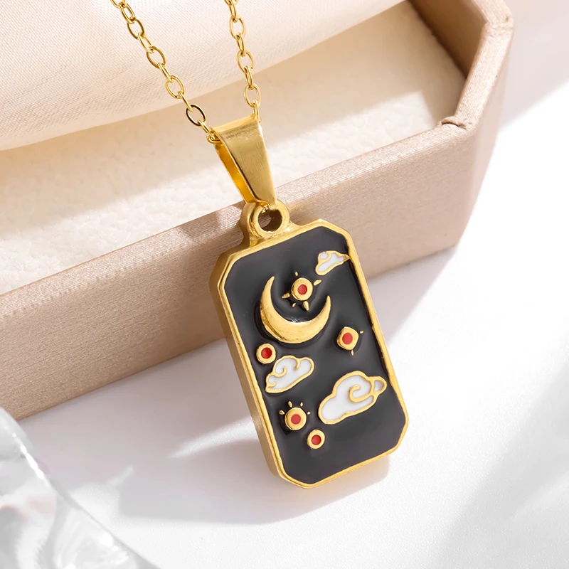 Stainless Steel Square Sun Moon Cloud Tarot Card Pendant Star and Moon Medal Necklace Men and Women Fashion Lucky Jewelry Gift