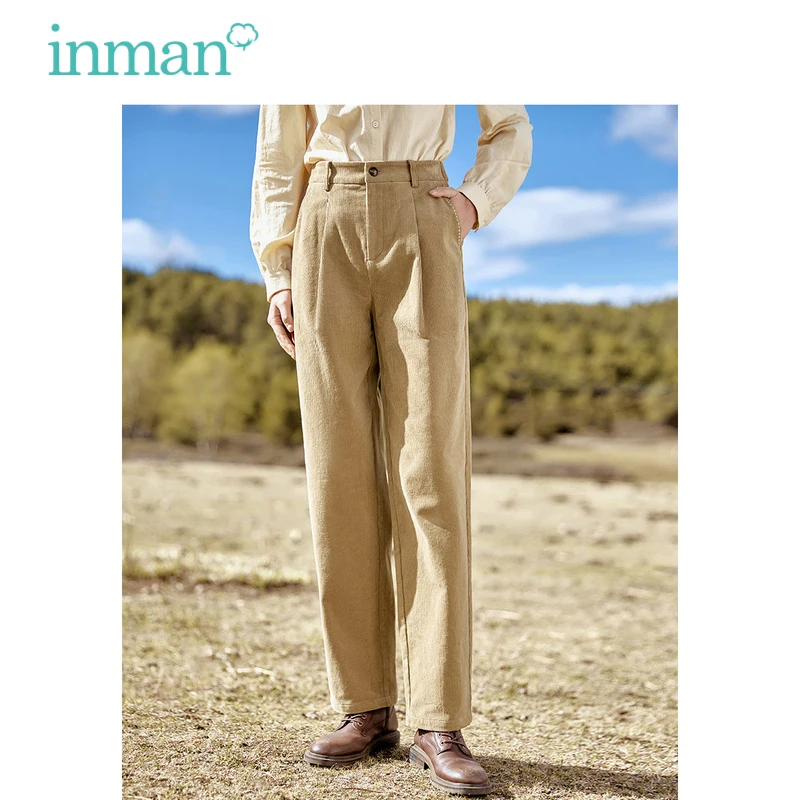 

INMAN Women Corduroy Pants 2023 Autumn Elastic Waist Straight Long Trousers Pleated Design Elegant Minimalist Casual Pants