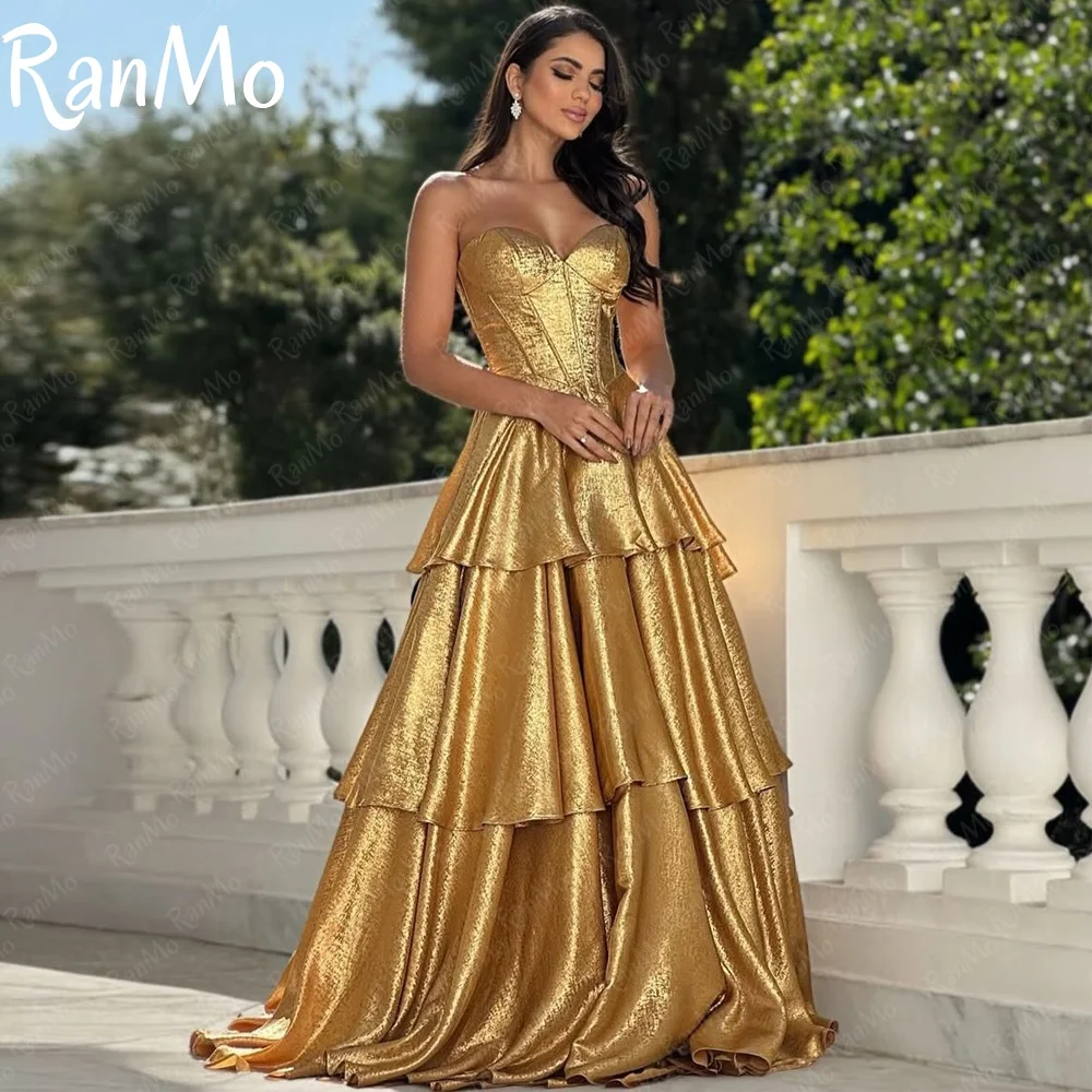 Ranmo New 2025 Customized Modern Golden A Line Wedding Party Dress Sweetheart Sleeveless Evening Gown Layered Vestido De Novia