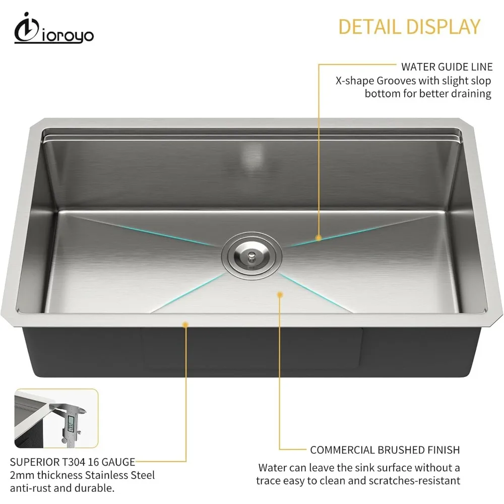 Évier de cuisine monocotole sous plan 33 x 19 en acier inoxydable T304 calibre 16 par IOROYO