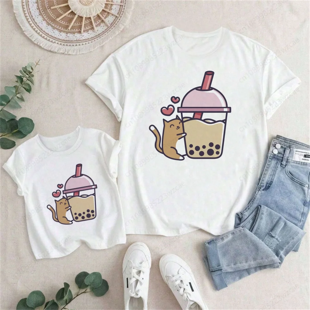 Bubble Tea Kid Cute White T Shirt for Family Children Short Sleeve Clothing Funny Cartoon Party Top Boys and Girl Tshirt