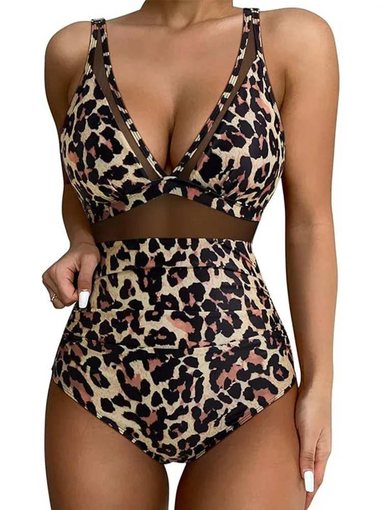 Bikini plisado con estampado de leopardo para mujer, traje de baño Sexy de una pieza, Bikini de playa de cintura alta, nuevo traje de baño de verano 2025, traje de baño de una pieza