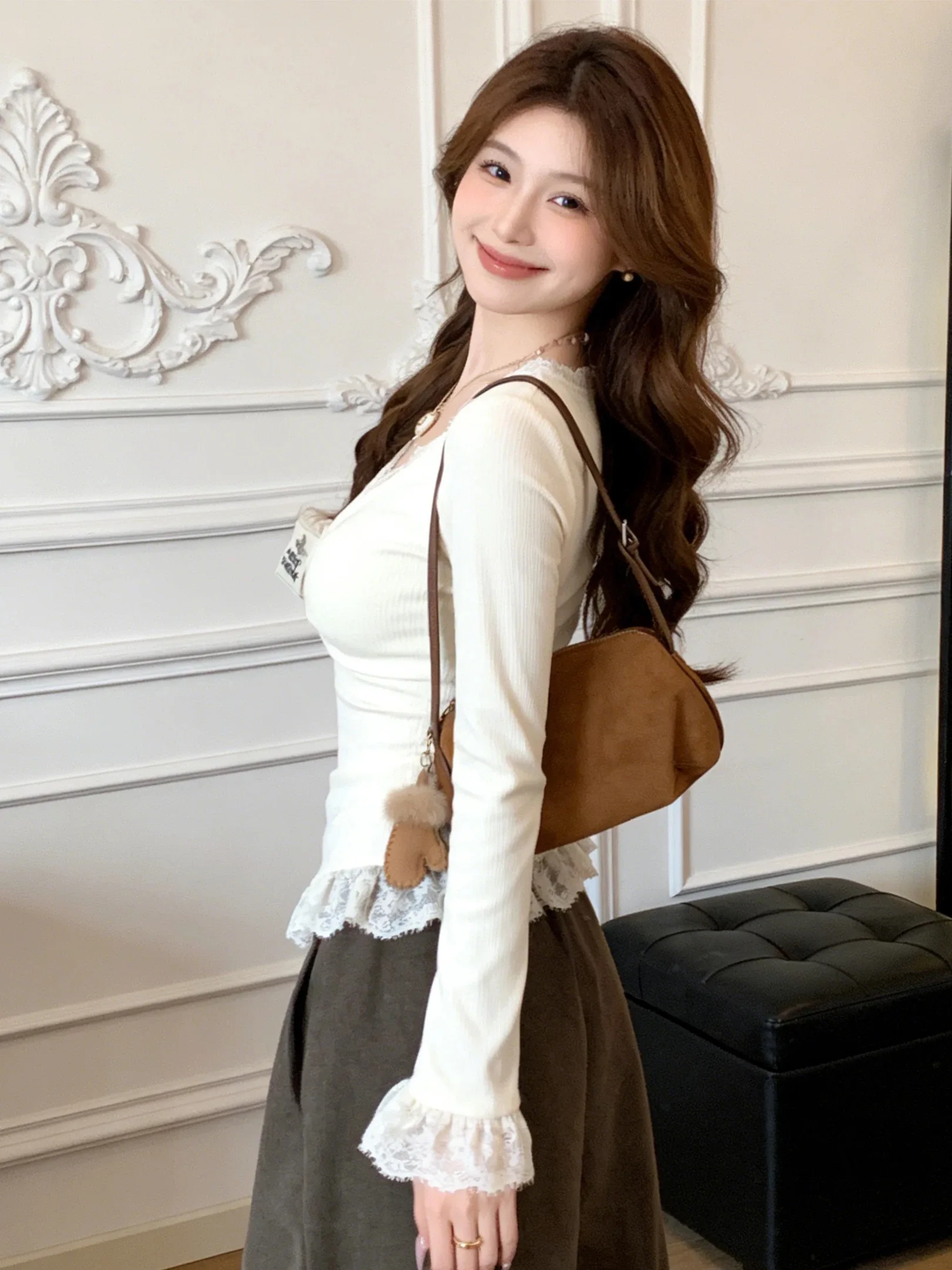 plus Size Lace Splice Slim Fit Long Sve T-irt Women's Winter Faion Versatile Base Layer Top Korean Sle Commute Wind