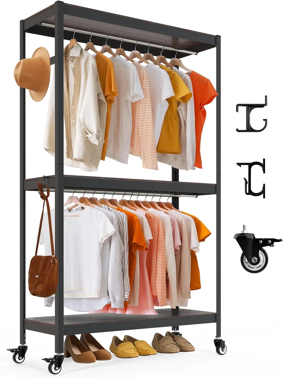 HOMEDANT 3 Tiers 2 Rod Heavy Duty Rolling Garment Rack Adjustable Metal Shelving Storage Clothes Shelves Portable Hanging Clothi