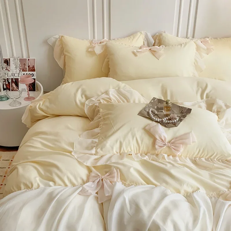 Girl princess wind polished lace four-piece set super soft pleated chiffon bow bed sheet kit bedding 4