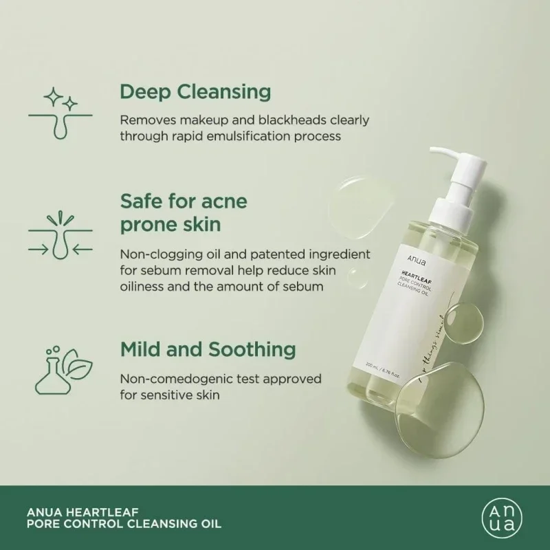 ANUA-Heartleaf Poro Controle Óleo de Limpeza, Suave e Calmante, Remove Blackheadsand, Sebo sem Poro Blockag, 200ml