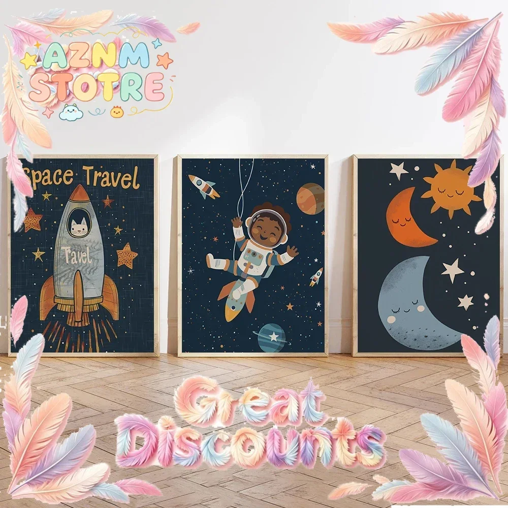 Dreamy Space Galaxy Astronaut Nursery Posters Colorful Planet Sleepy Celestial Prints Canvas Wall Picture Home Living Room De