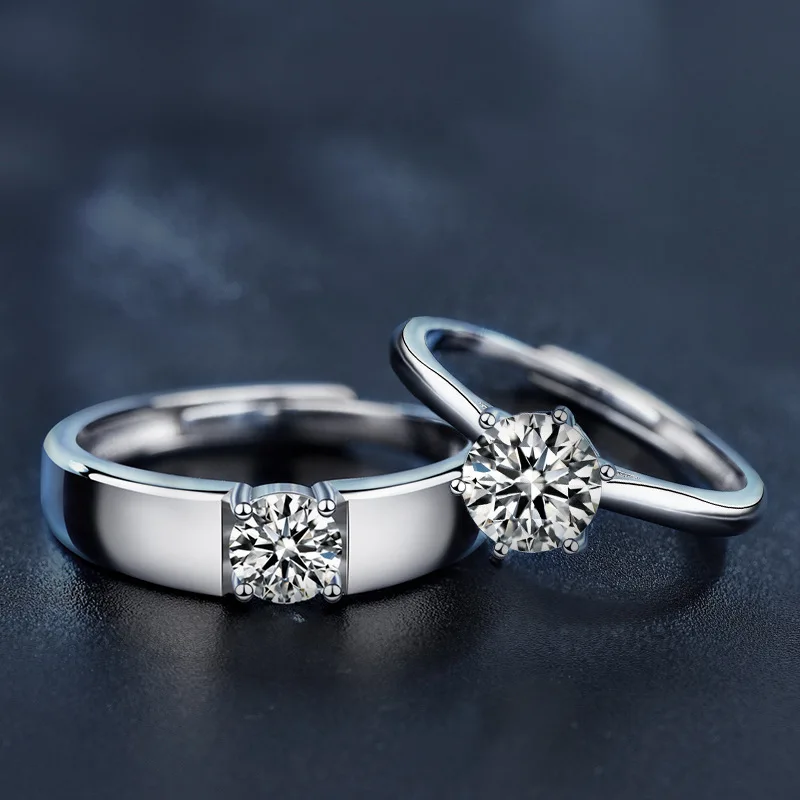 

925 sterling silver couple rings, a pair of non-fading adjustable rings with a high-end feel, moissanite six-prong ring