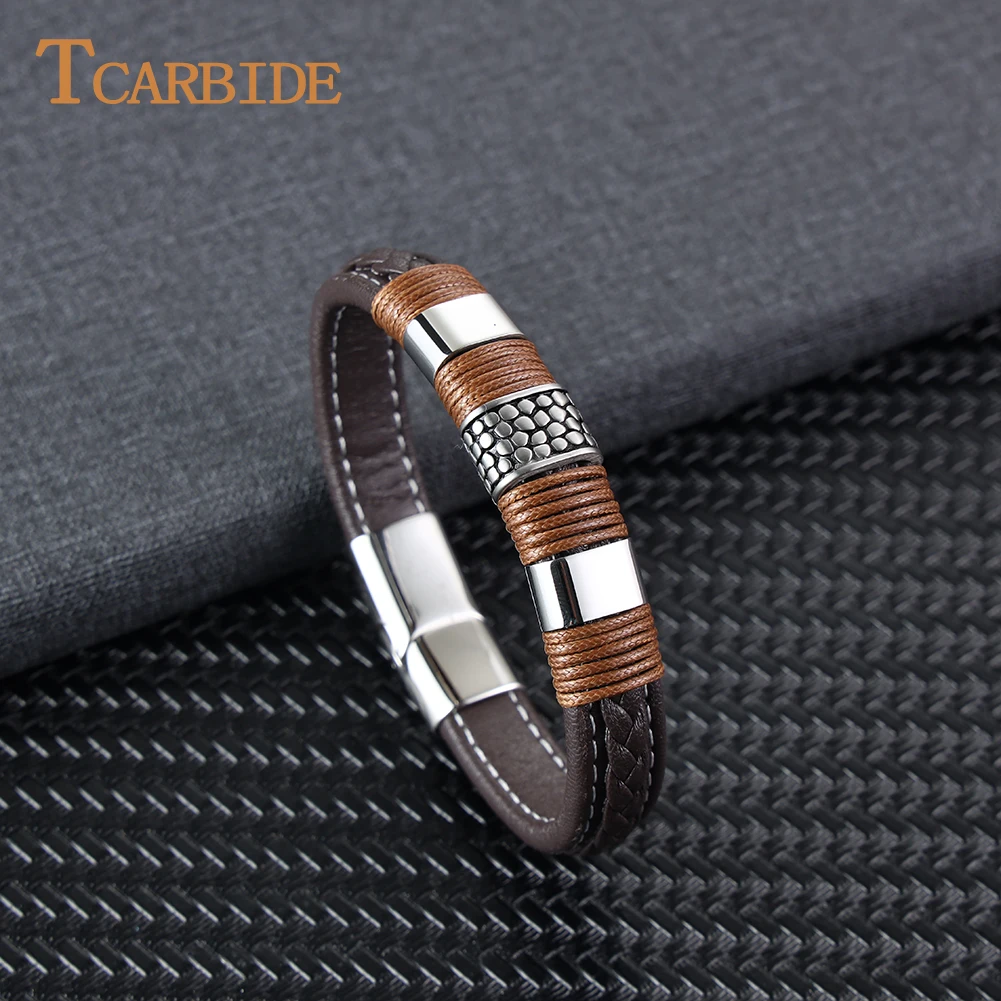 Fashion Handmade Men's Leather Bracelet Charm Woven Bangle Stainless Steel Magnetic Button Jewelry Male Unique Wristband