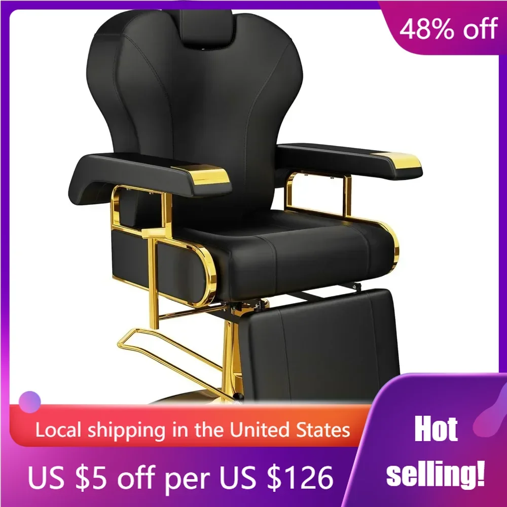 Barber Professional Reclining Barber Chair with Removable Headrest, Elegant Black Gold Salon Chair , Comfortable Seat Cushion