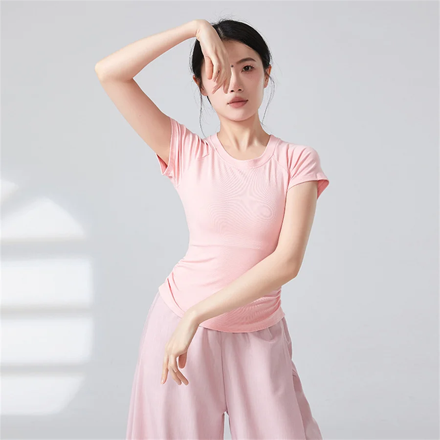Women Modern Dance T-Shirt Short Sleeve Soft Viscose Chinese Folk Dance Top Training Ballet Yoga Performance Dance Tights Top