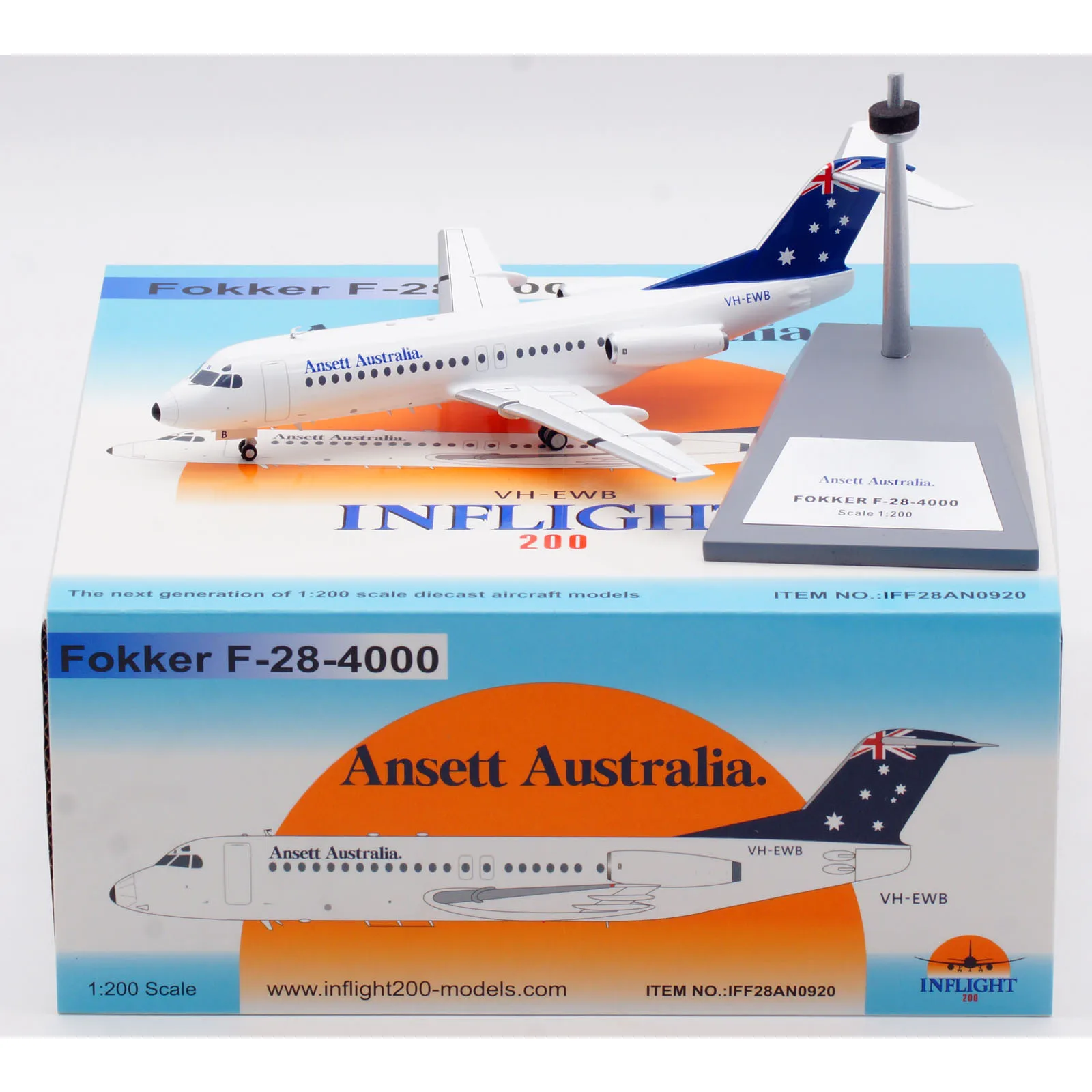 IFF28AN0920 Alloy Collectible Plane Gift INFLIGHT 1:200 Ansett Australia FOKKER F-28-4000 Diecast Aircraft Jet Model VH-EWB