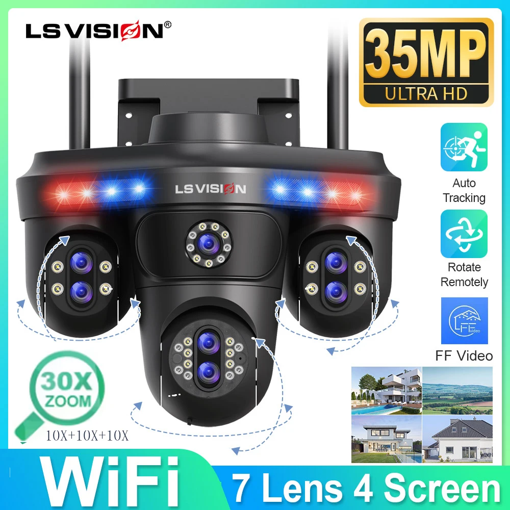 LS VISION 10K Home Security WiFi Camera 7 Len Four Screen Three-PTZ Len with 10X Zoom CCTV 35MP Wireless Surveillance IP Cam