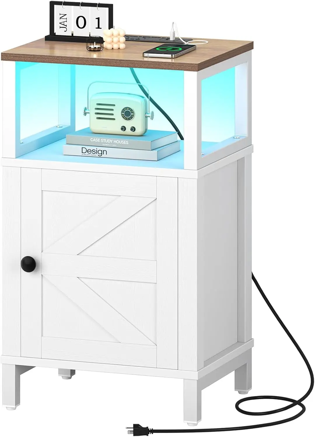 

Farmhouse Nightstand with Charging Station, USB Ports, LED Light, and Storage Cabinet for Bedroom or Living Room in White