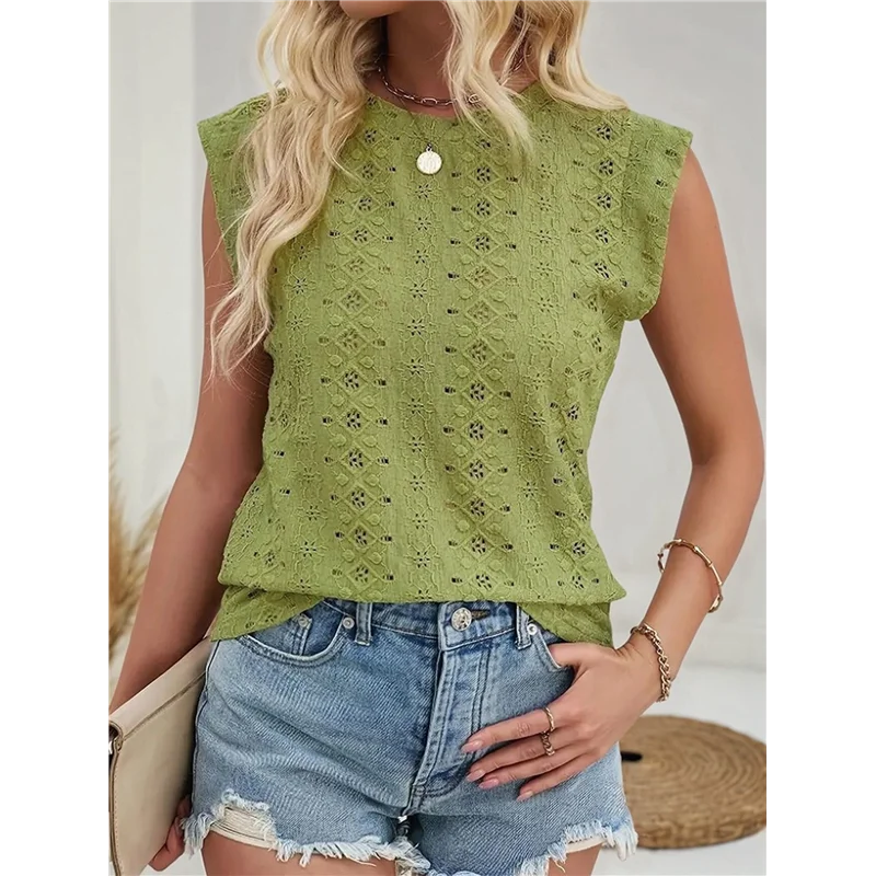 CYL-المرأة الصيف بلايز عادية Crewneck كاب كم قمصان خفيفة الوزن الكروشيه متماسكة الملمس تانك القمم البلوزات